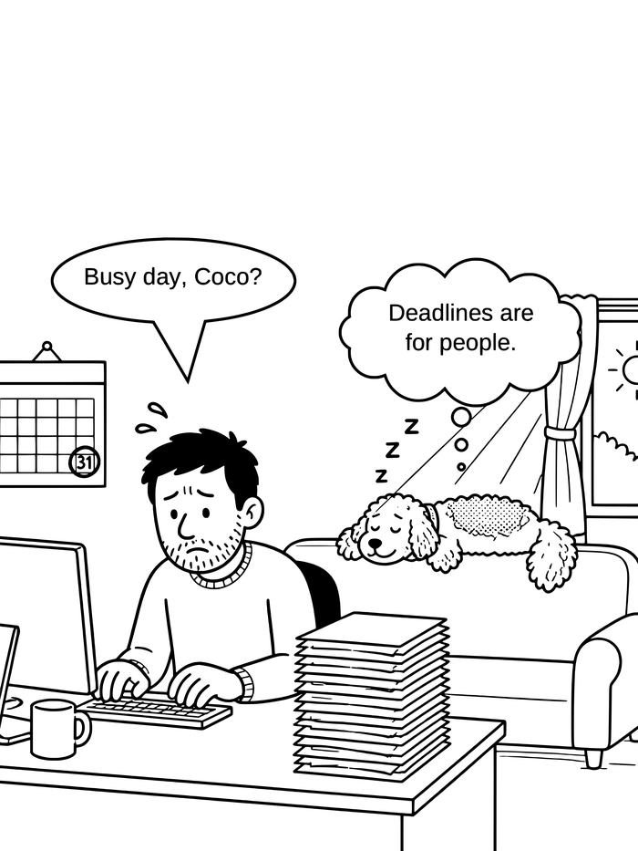 Cartoon of Bryan working at his desk while Coco sleeps on the back of the couch in the sun