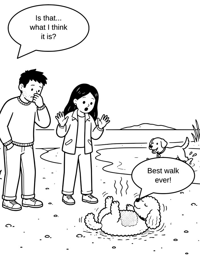 Cartoon of Bryan and Ceri looking on in horror as Coco rolls happily in something on the beach